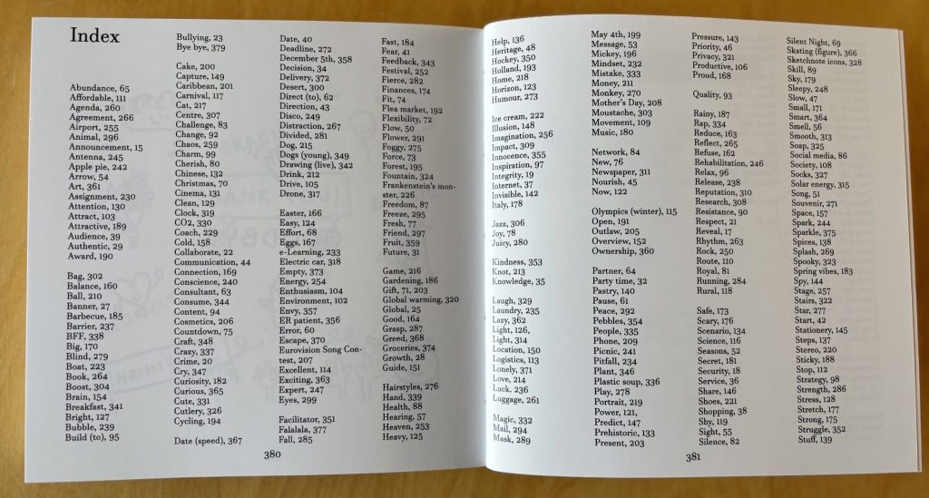 Indexpagina van het Studio Limón iconenboek met overzicht van iconen en begrippen