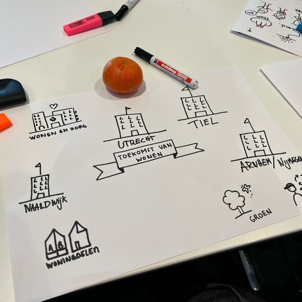 Close-up van plaat met getekende huizen en pictogrammen tijdens tekenworkshop