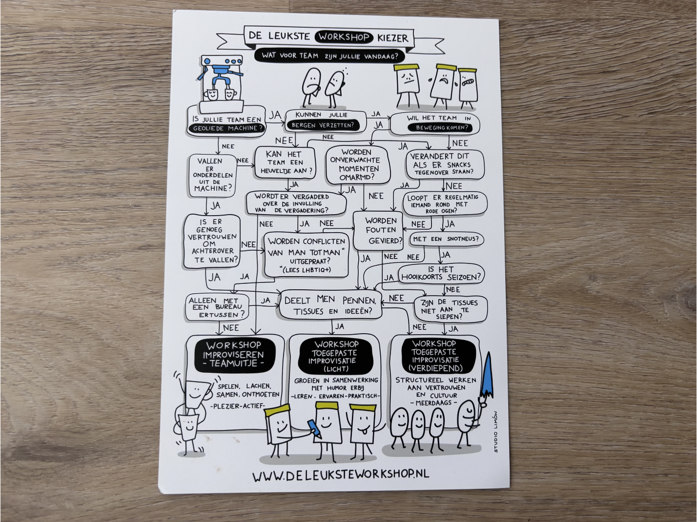 Geprinte flyer van de geïllustreerde beslisboom De Leukste Workshop-kiezer