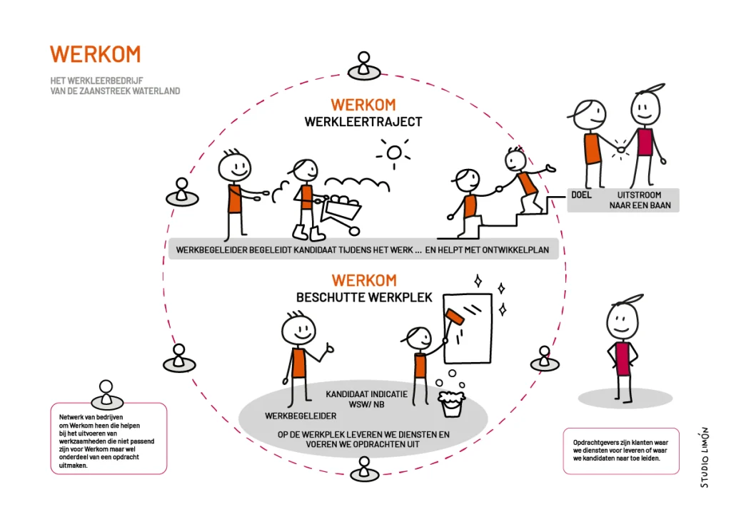 Infographic van Studio Limón voor Werkom over het werkleertraject, de beschutte werkplek en uitstroom naar een baan.