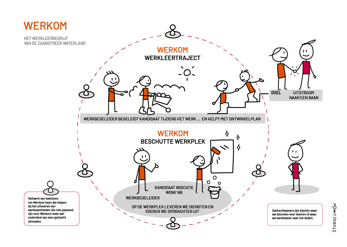 Infographic van Studio Limón voor Werkom over het werkleertraject, de beschutte werkplek en uitstroom naar een baan.