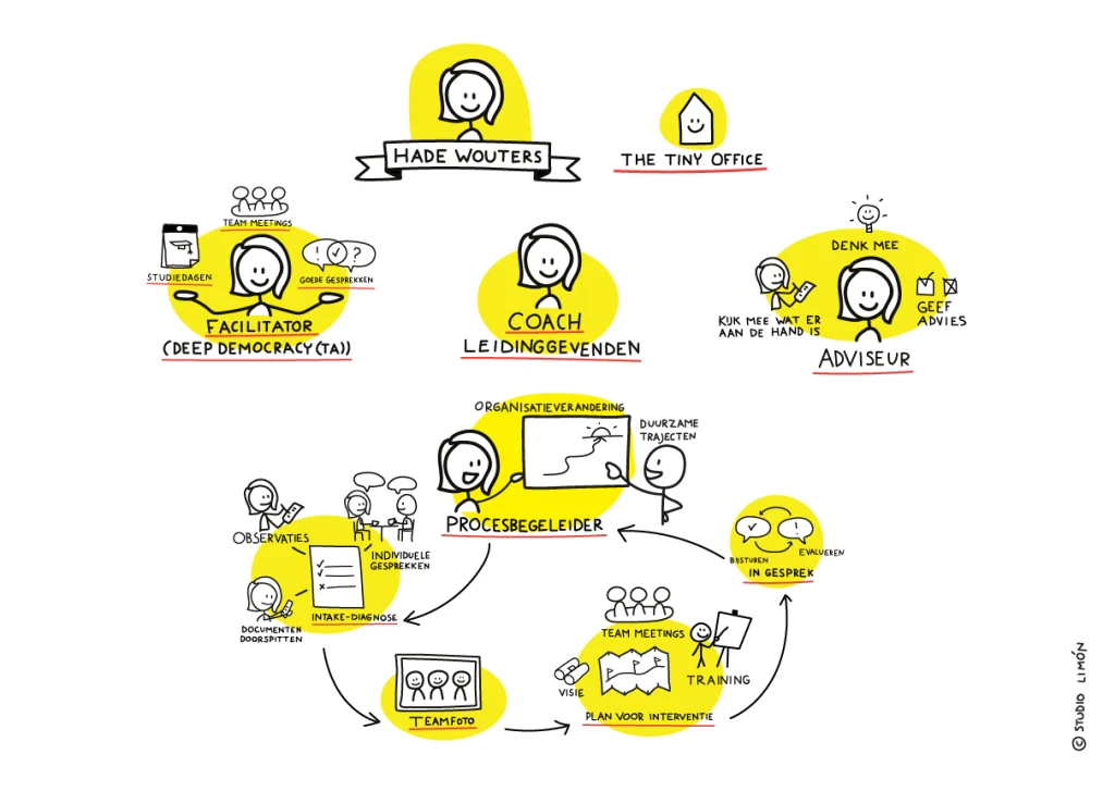 Illustraties van het proces van The Tiny Office met intake, procesbegeleiding, teammeetings, training en evaluatie.