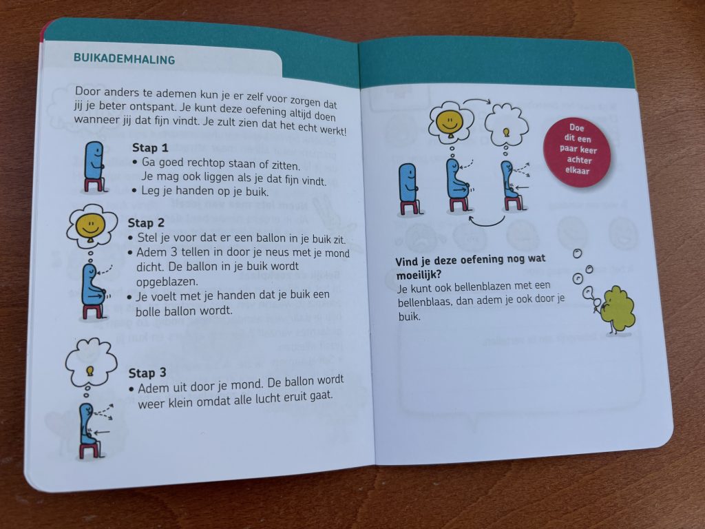 Stappenplan buikademhaling in het kinderpaspoort, illustratie Studio Limón voor Jeroen Bosch Ziekenhuis